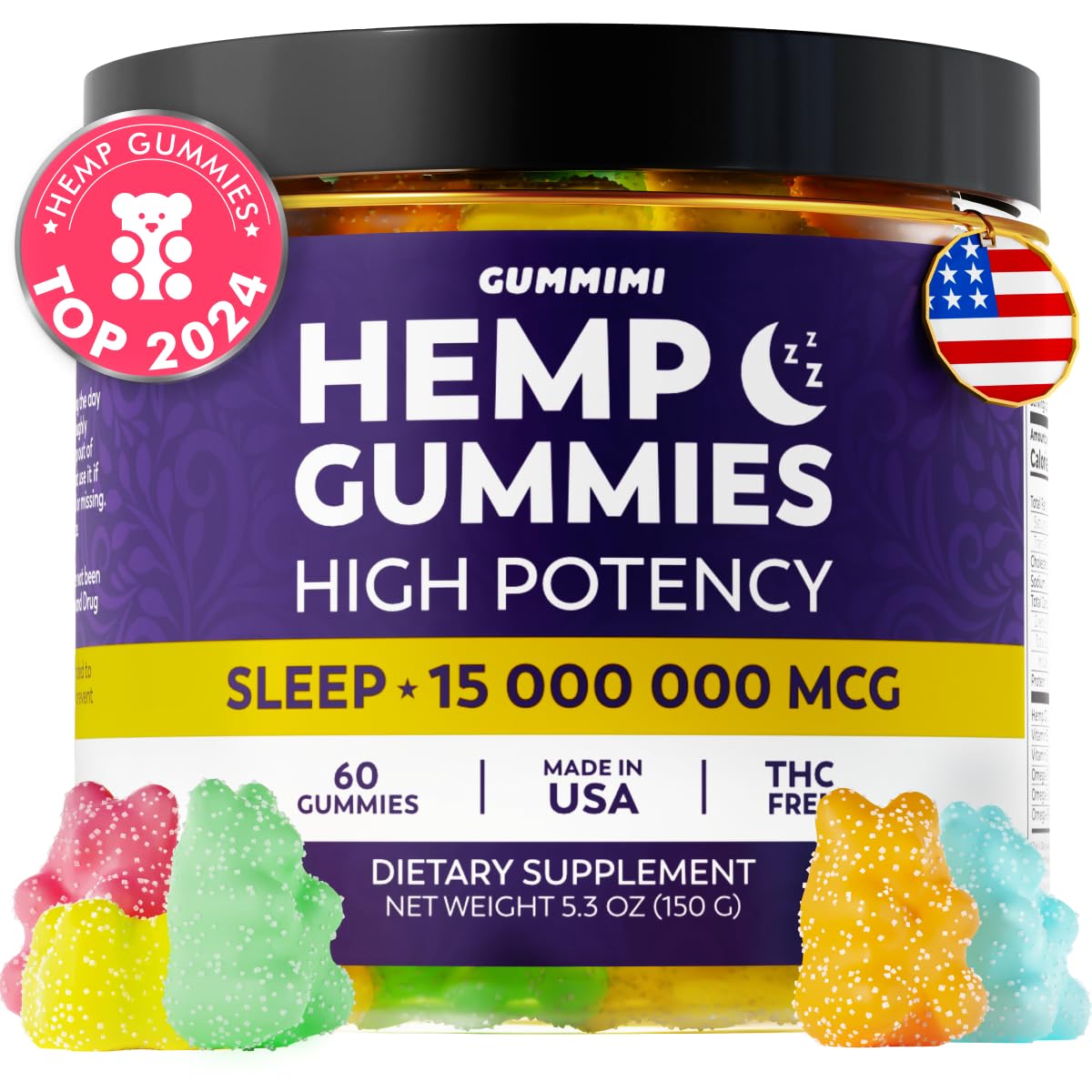Hеmp Gummies for Rеstful Nap - High Potency, Organic & Infused with Omega 3 6 9 & Vitamin E, Natural Fruit Flavor, 60 Edible Easy, Grown & Made in USA