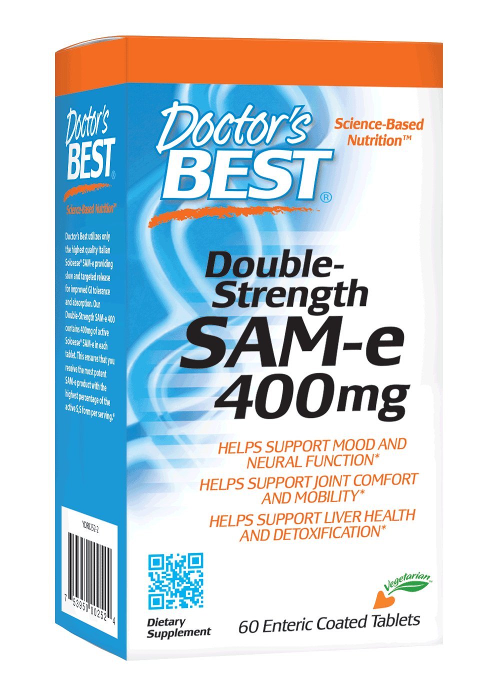 Doctor's Best SAM-e 400 mg, Vegan, Gluten Free, Soy Free, Mood and Joint Support, 60 Enteric Coated Tablets