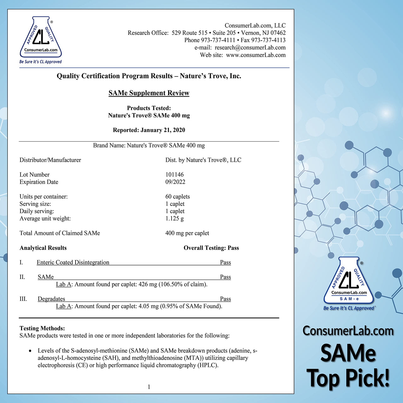 Nature's Trove SAM-e 400mg 90 Enteric Coated Caplets. Vegan, Kosher, Non-GMO Project Verified, Soy Free, Gluten Free - Cold Form Blister Packed.