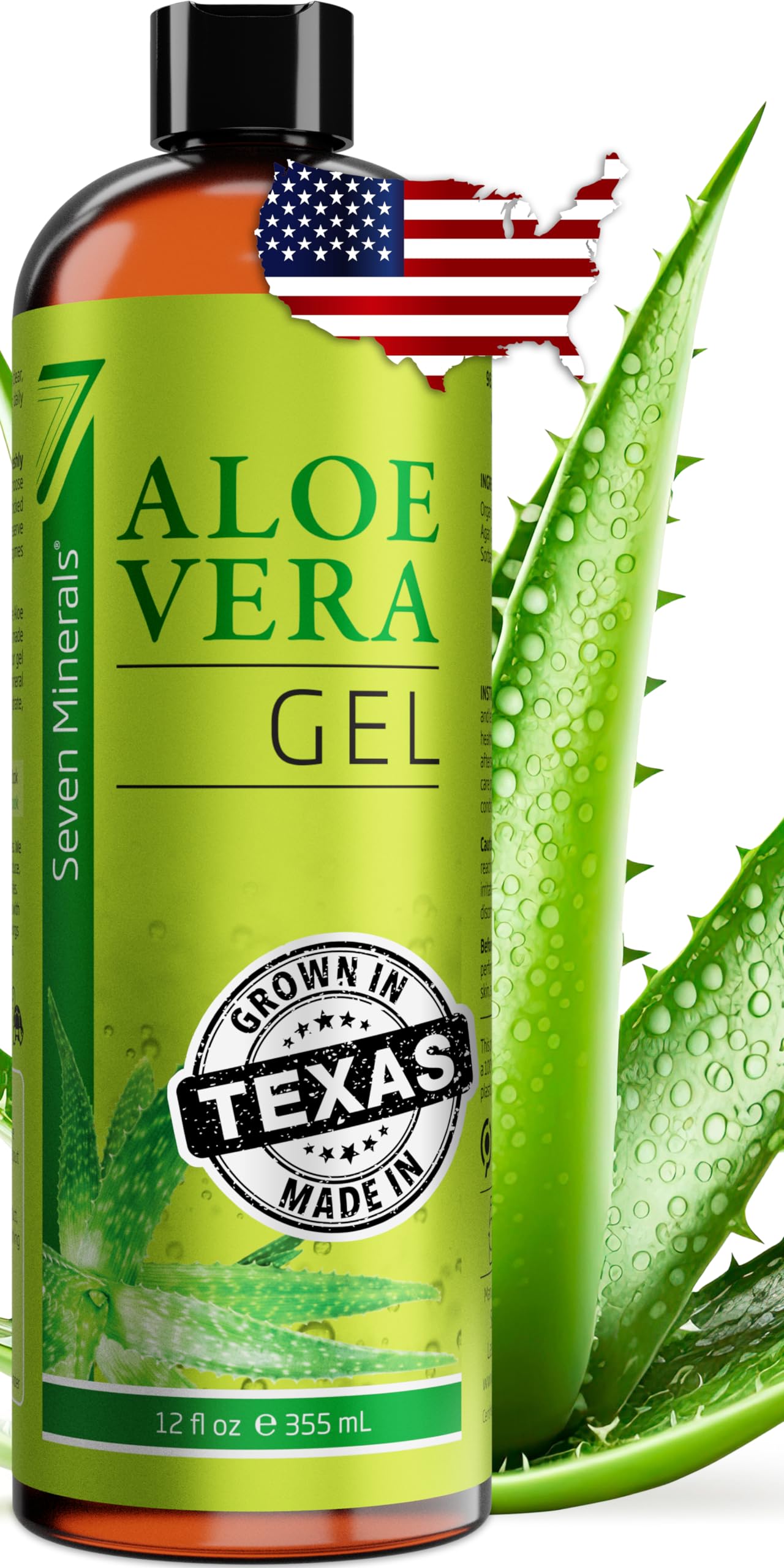 Organic Aloe Vera Gel from freshly cut 100% Pure Aloe - Big 12oz - HighestQuality, Texas grown, Vegan, Unscented - For Face, Skin, Hair, Sunburn relief